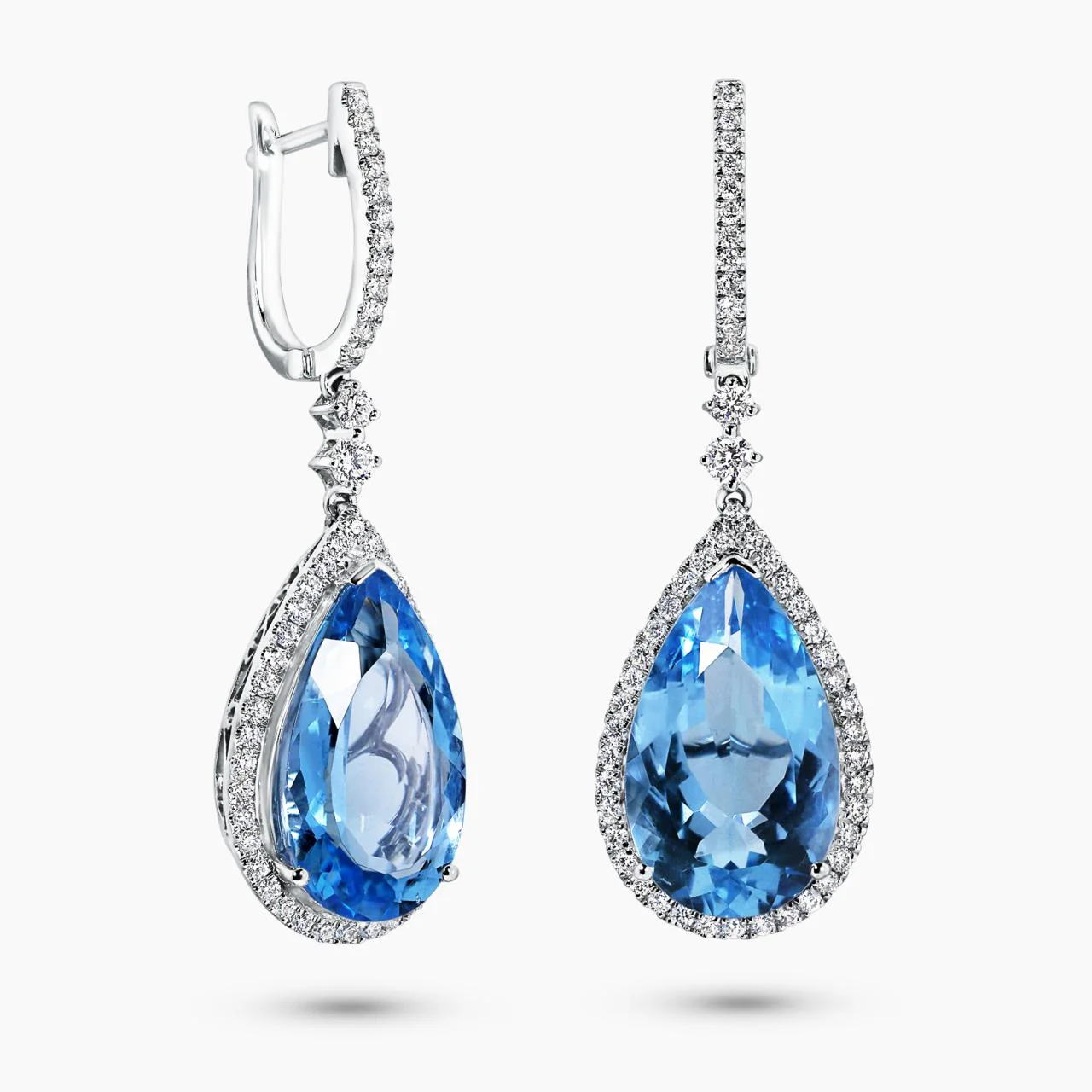 18ct white gold 2=10.87ct pear shape aquamarines and diamond drop earrings