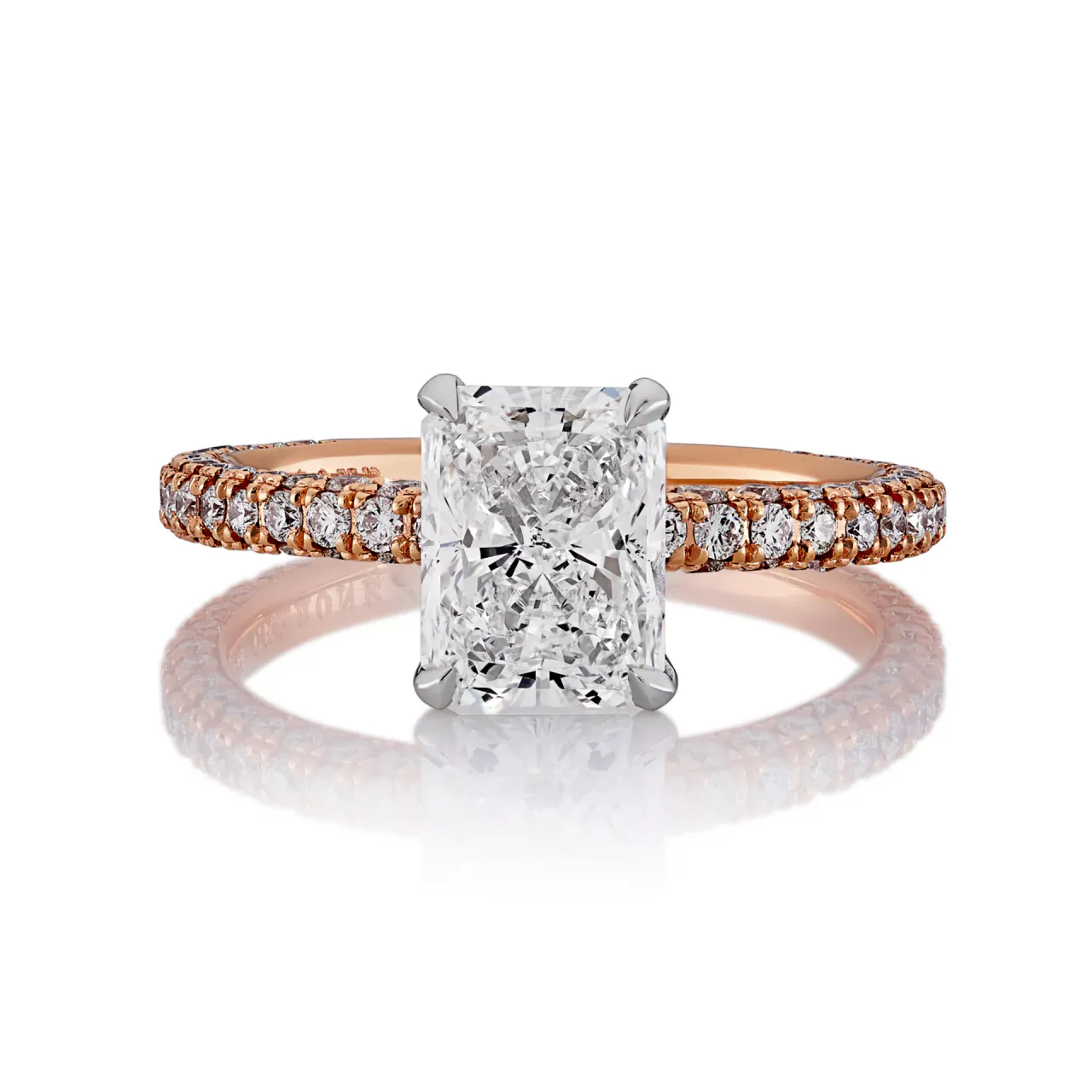RAVELLO 18ct rose and white going radiant and round brilliant cut pave set diamond engagement ring