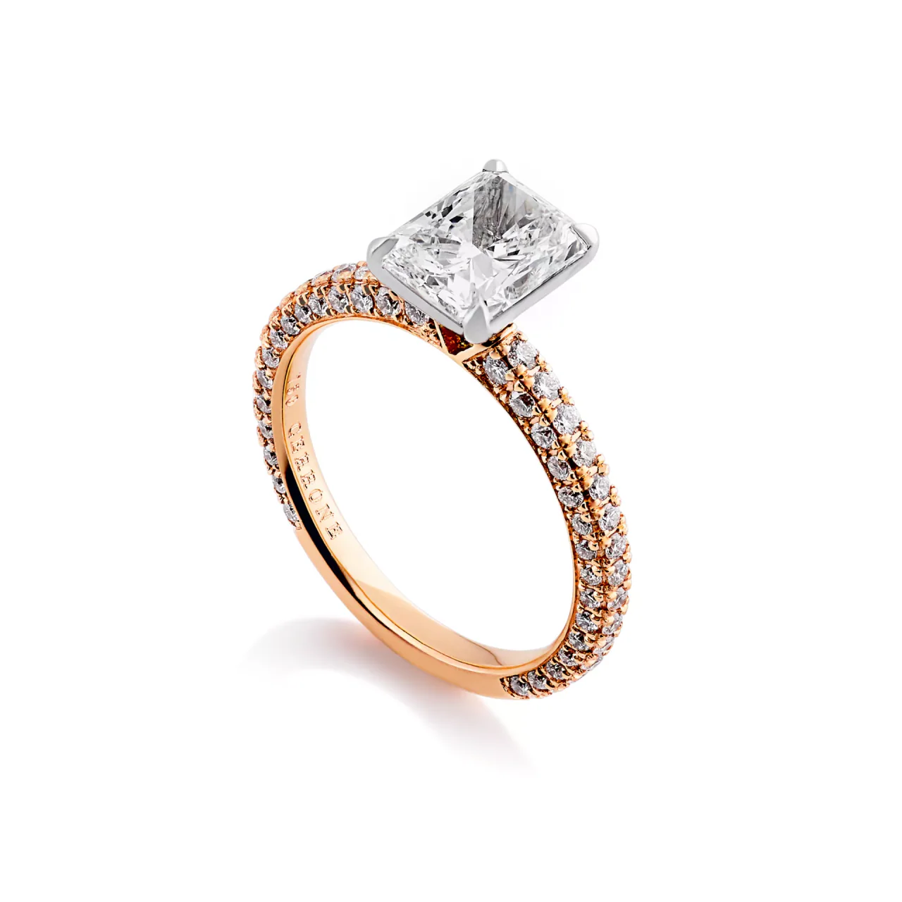 RAVELLO 18ct rose and white going radiant and round brilliant cut pave set diamond engagement ring - Image 2