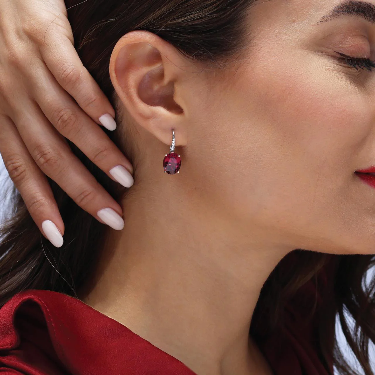 18ct rose and white gold 2=9.18ct oval rhodolite garnet and diamond hook earrings - Image 2
