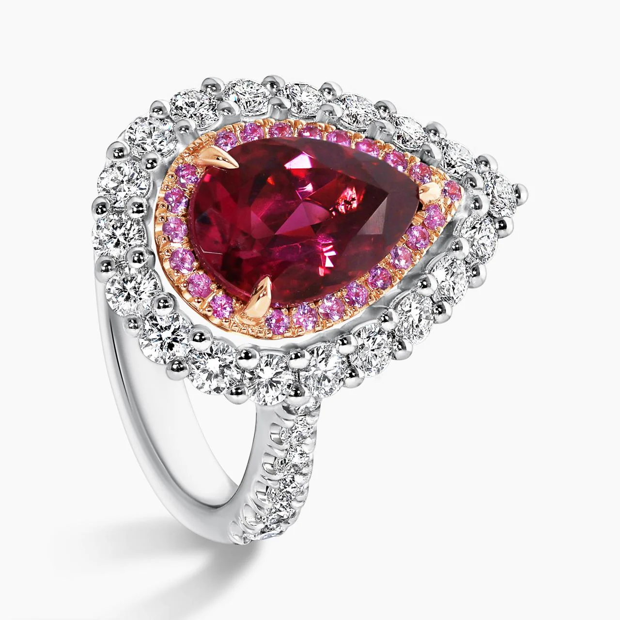 18ct rose gold and platinum  1.90ct pear shaped rubelite, pink sapphires and diamond ring - Image 3