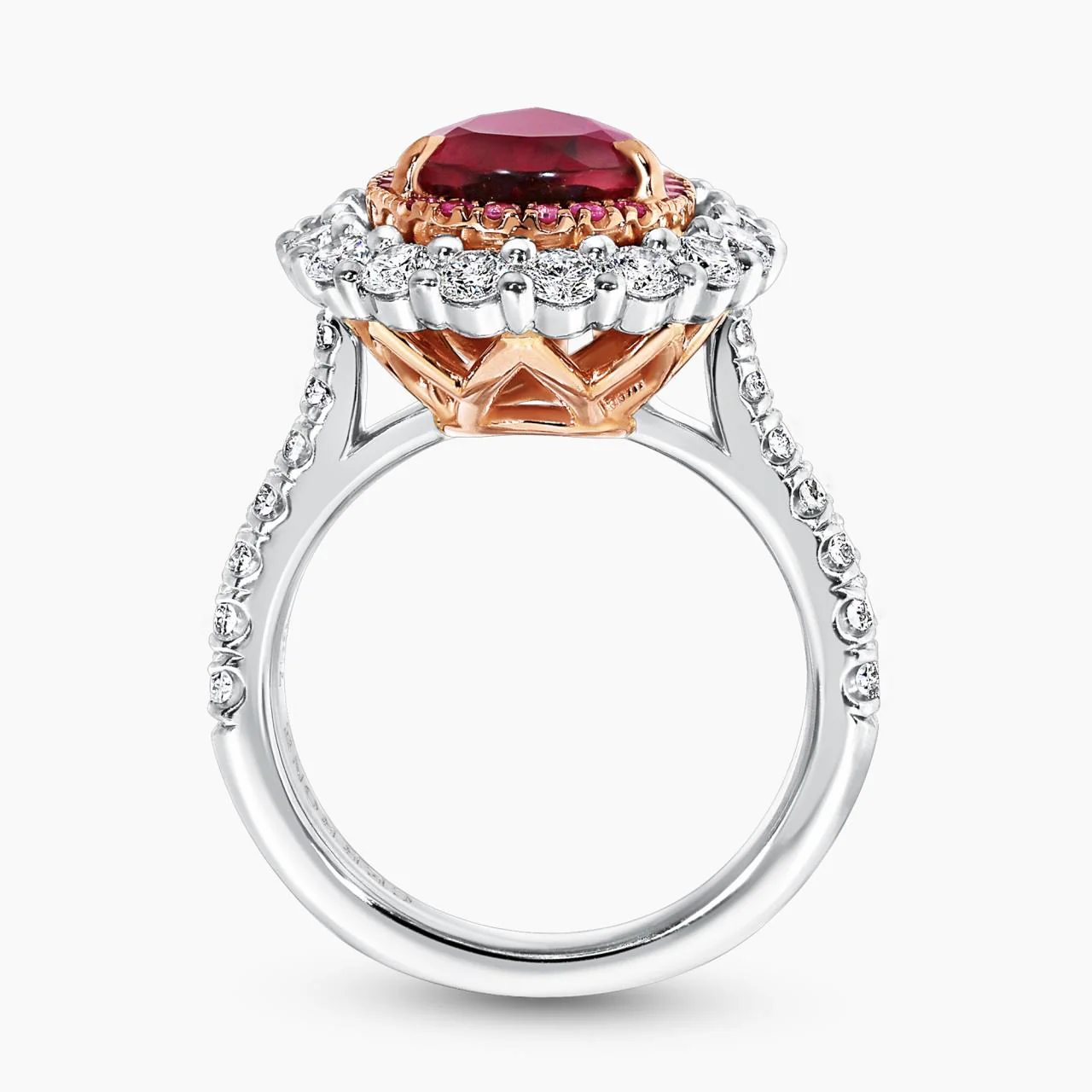 18ct rose gold and platinum  1.90ct pear shaped rubelite, pink sapphires and diamond ring - Image 4