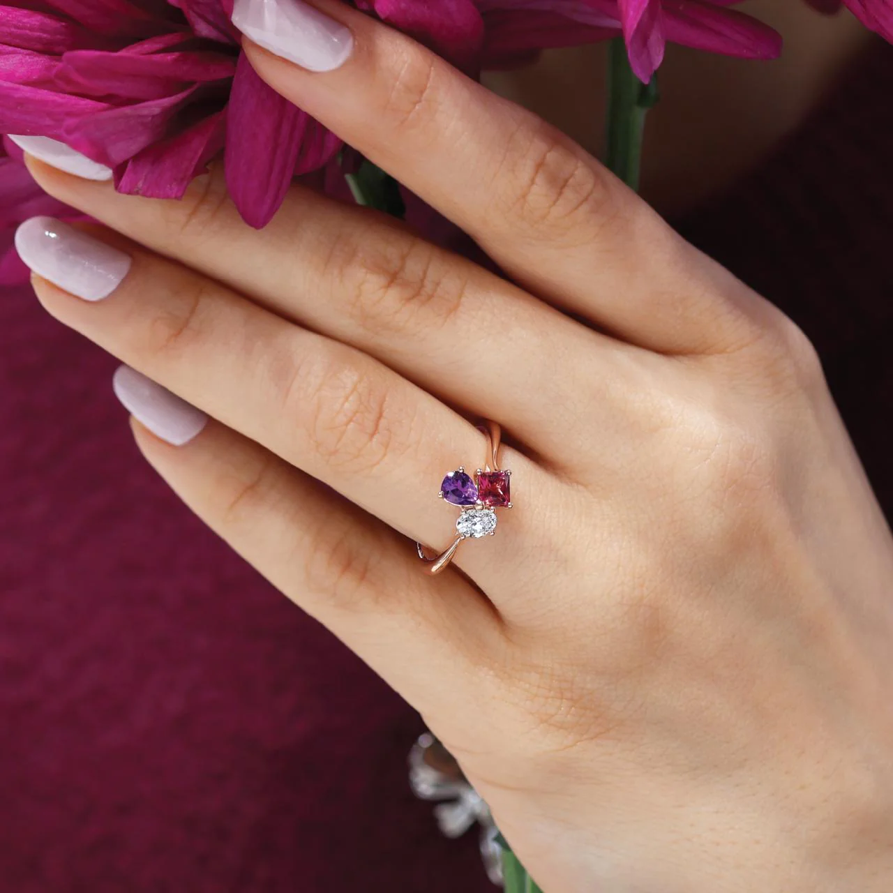 18ct rose gold diamond, tourmaline and amethyst ring - Image 4