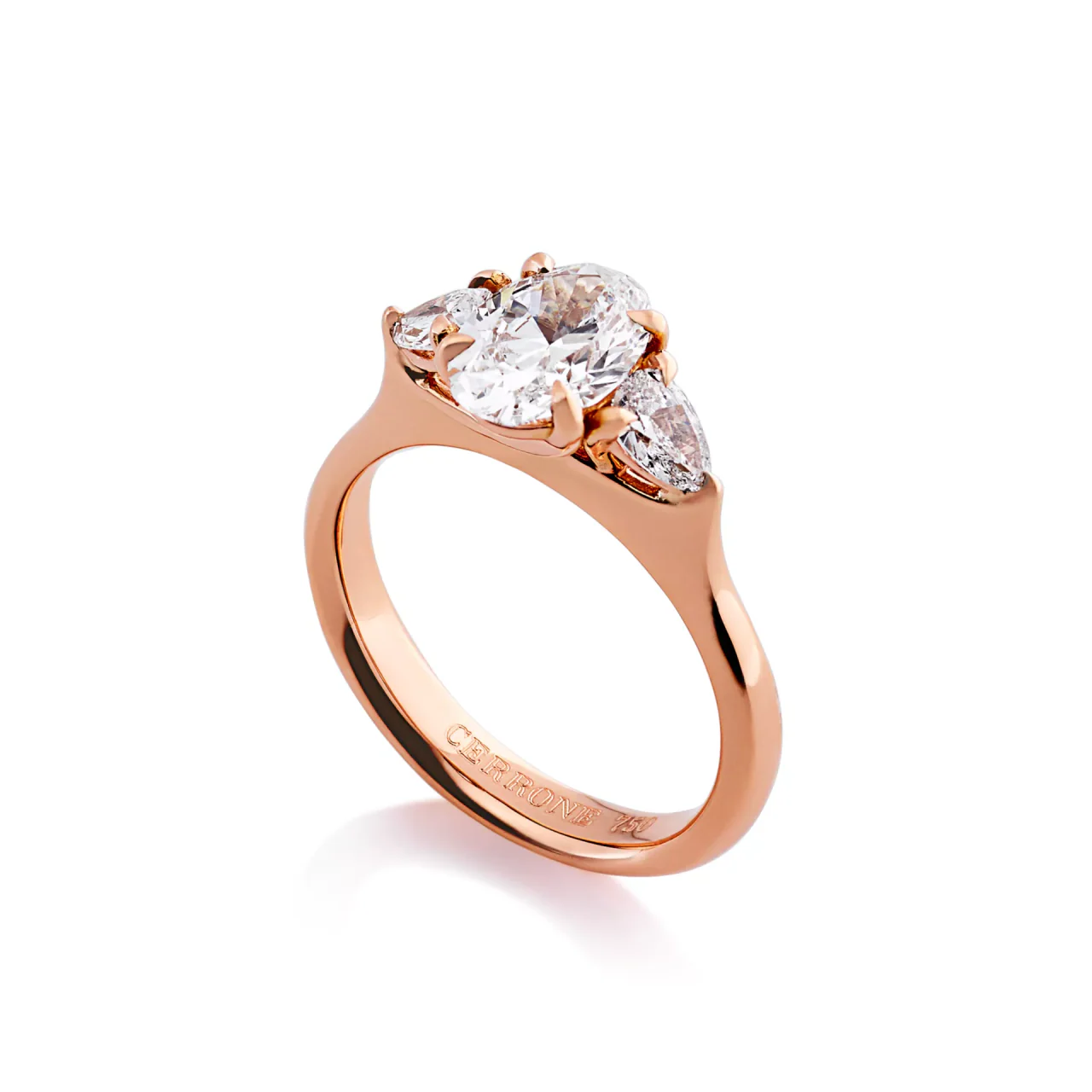 18ct rose gold oval and pear trilogy diamond engagement ring - Image 2