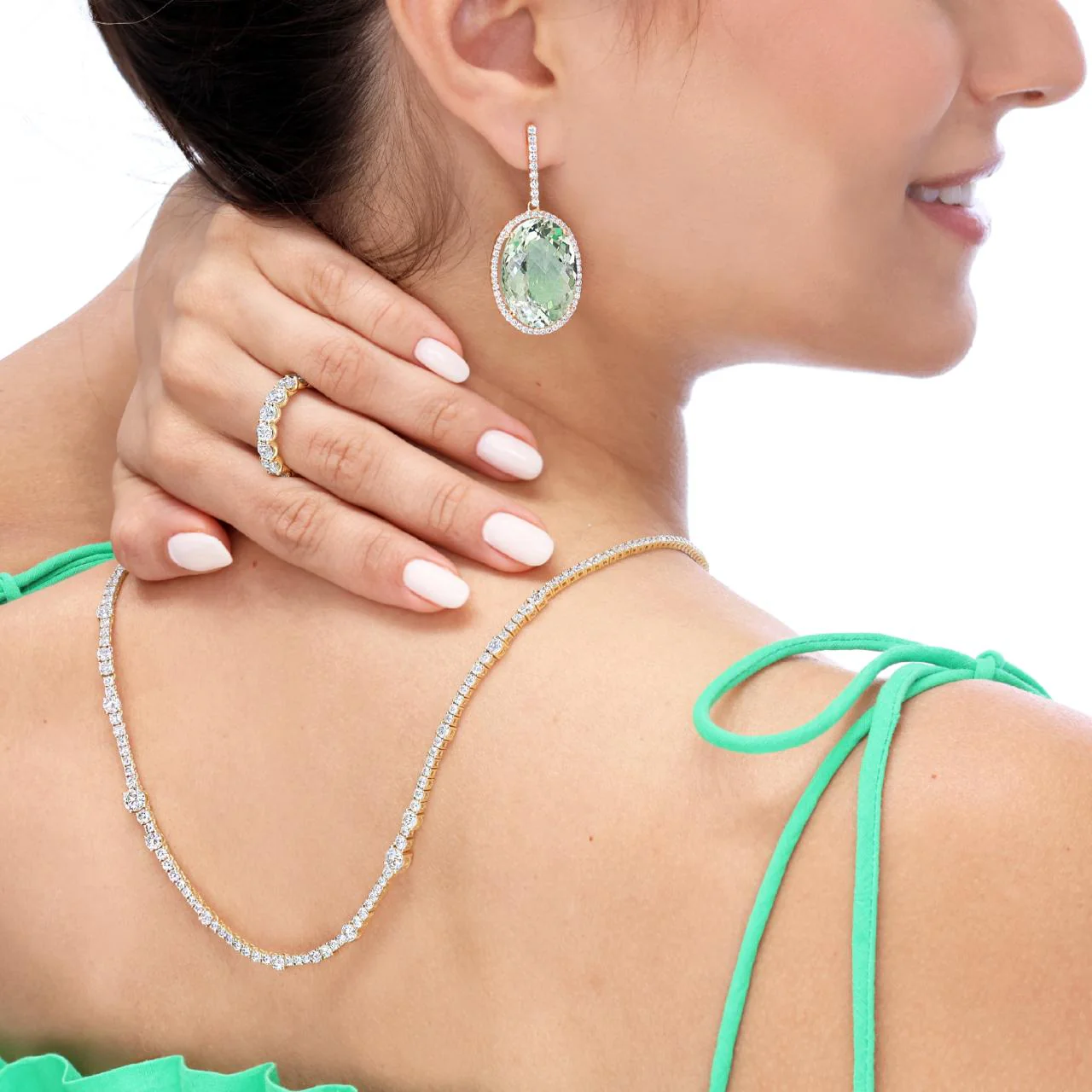 18ct rose gold oval green amethyst and diamond drop earrings - Image 2