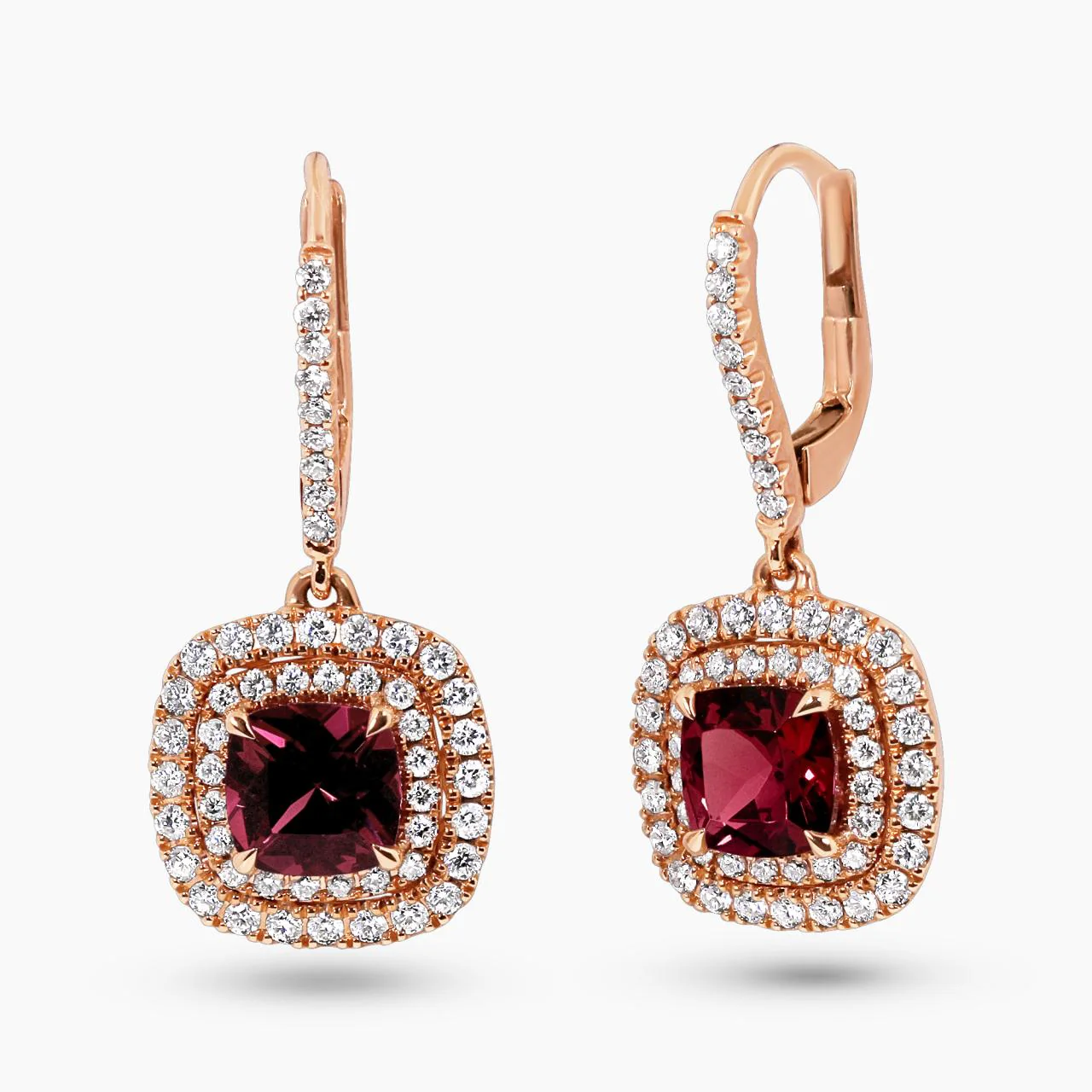 18ct rose gold rhodalite and diamond drop earrings