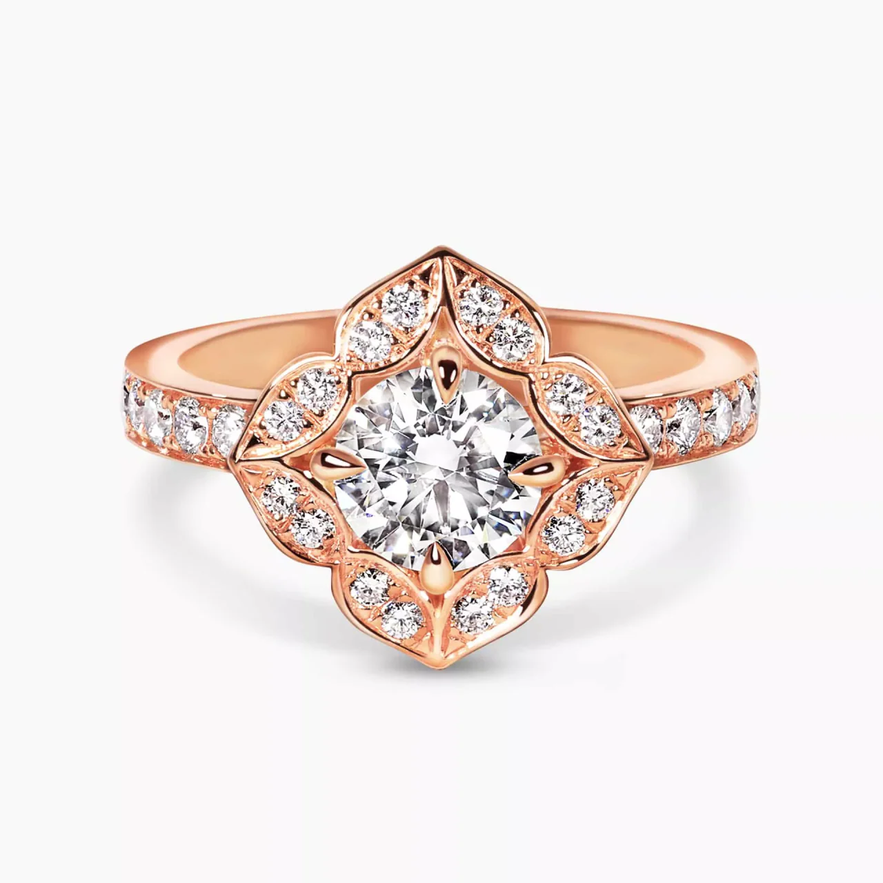 18ct rose gold round brilliant cut filagree halo diamond engagement ring