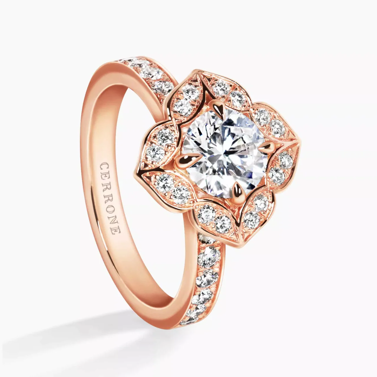 18ct rose gold round brilliant cut filagree halo diamond engagement ring - Image 2
