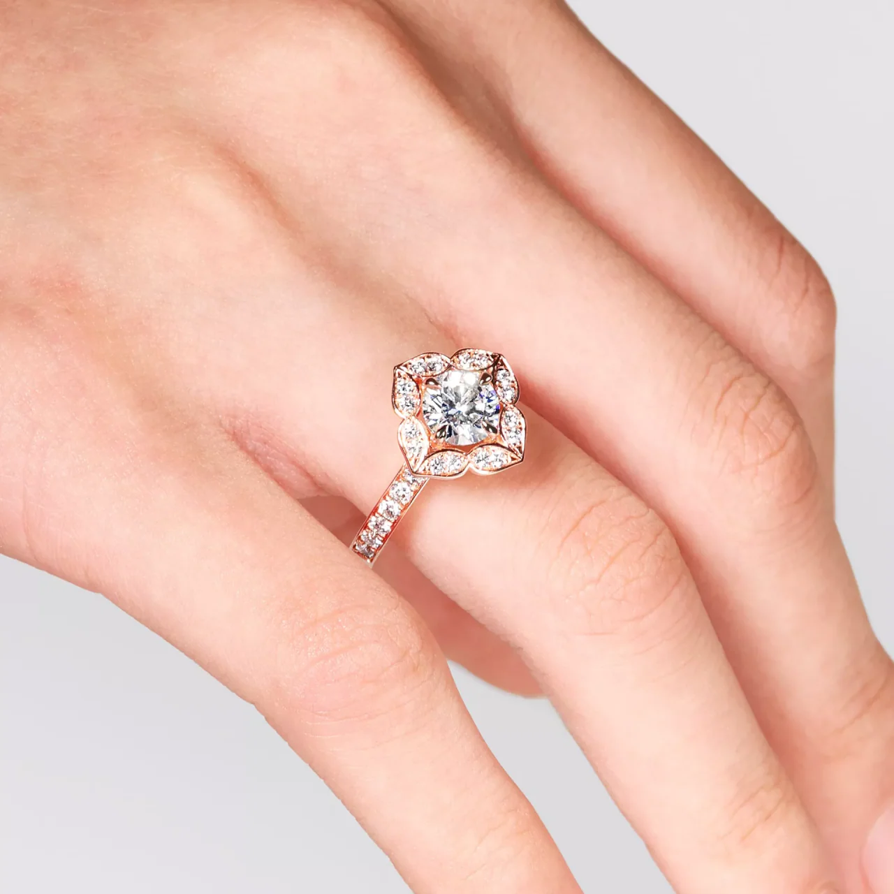 18ct rose gold round brilliant cut filagree halo diamond engagement ring - Image 3
