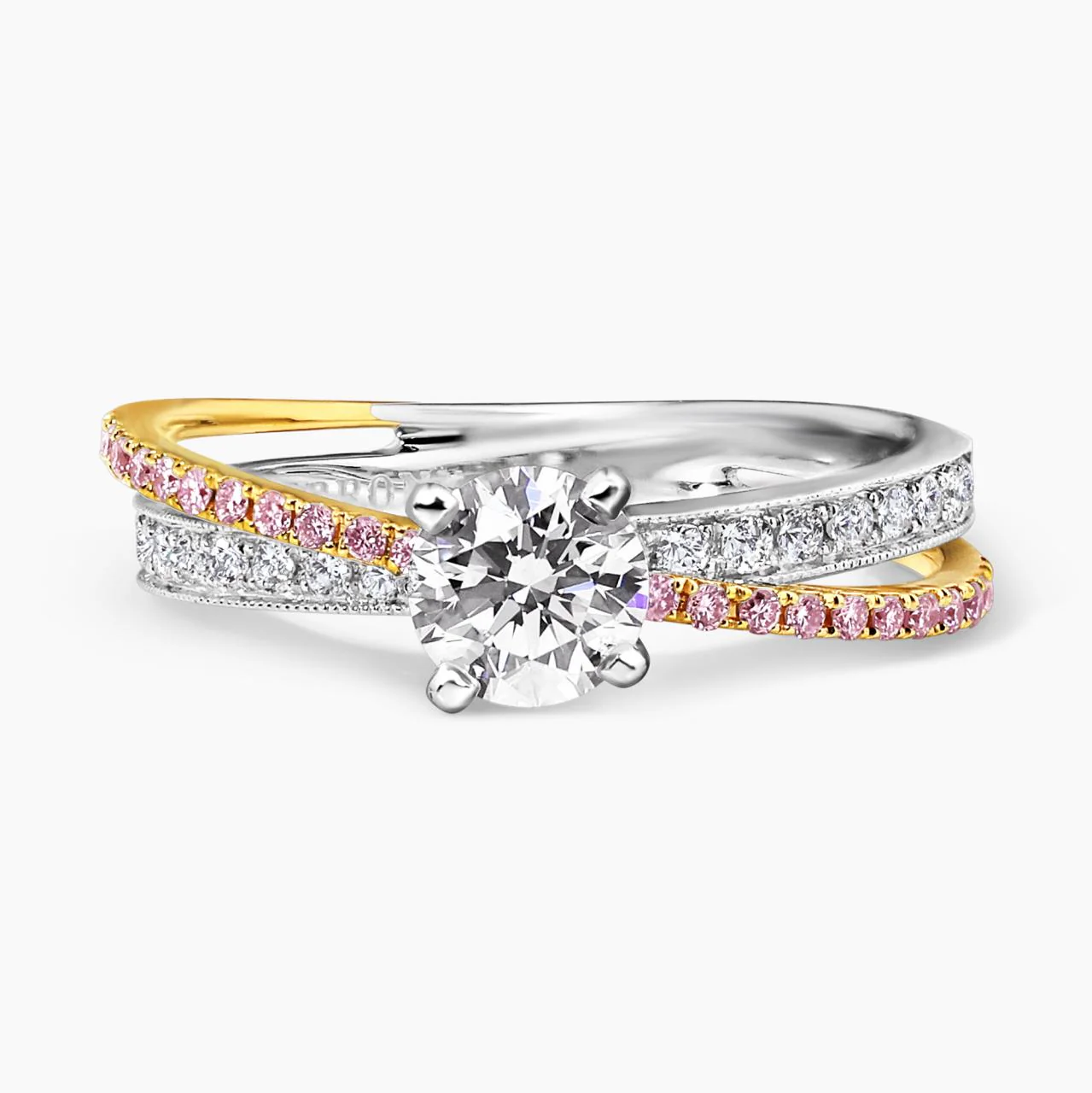 18ct White and Rose Gold 0.75ct Round Brilliant cut Diamond engagement Ring in a four claw setting with pink and white round diamonds on the band