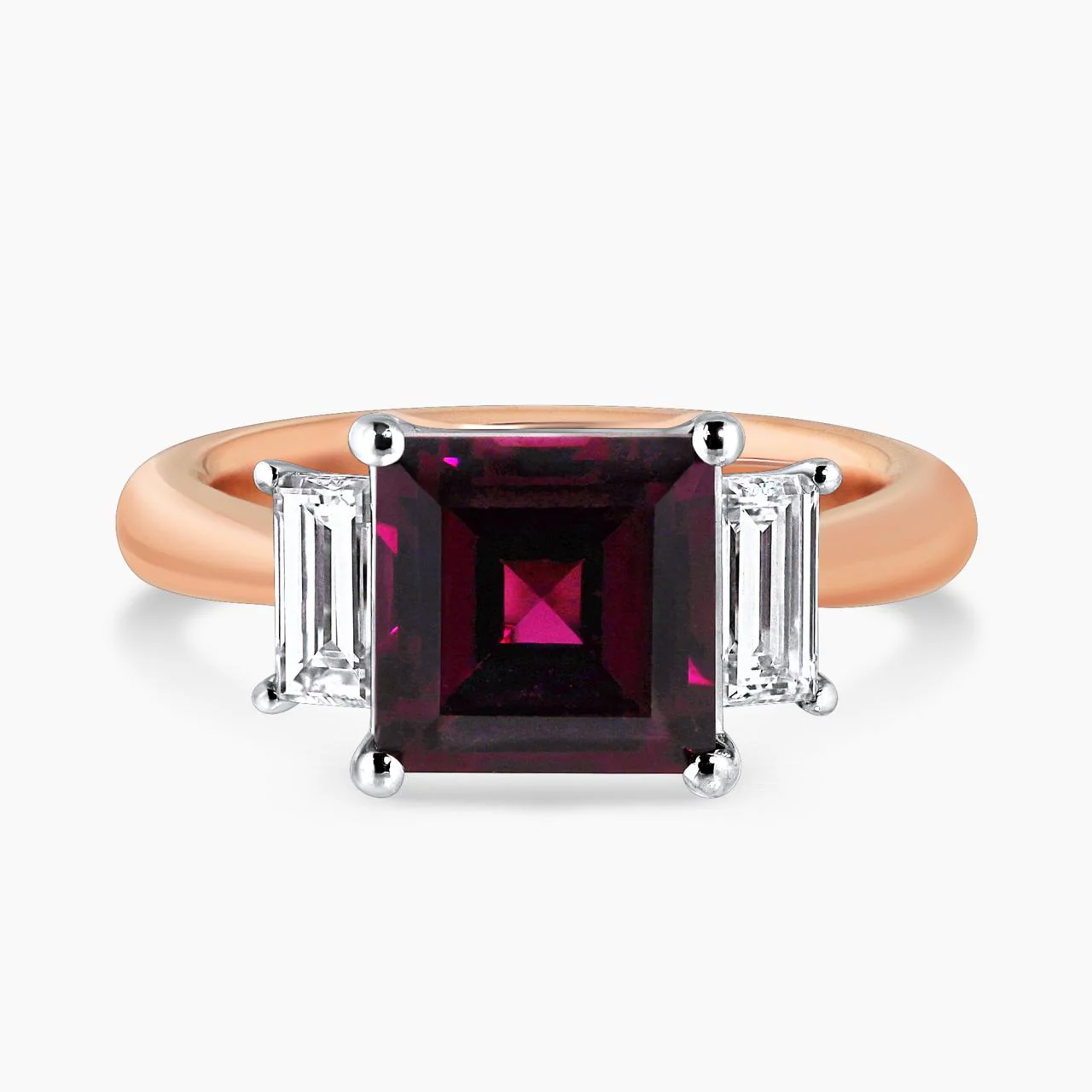 18ct white and rose gold 3.47ct carre cut rhodolite garnet and baguette diamond ring