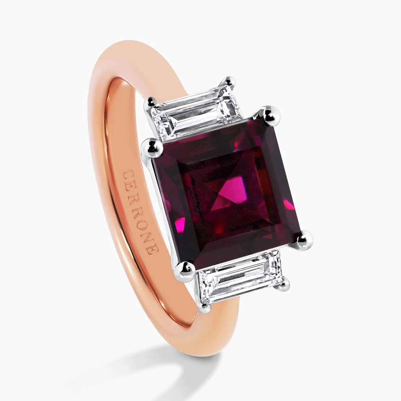 18ct white and rose gold 3.47ct carre cut rhodolite garnet and baguette diamond ring - Image 4