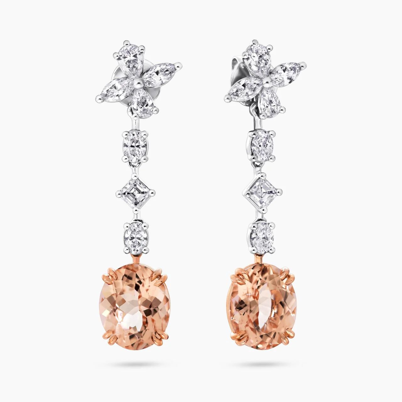 18ct white and rose gold morganite and marquise, oval, asscher and pear shaped diamonds drop earrings