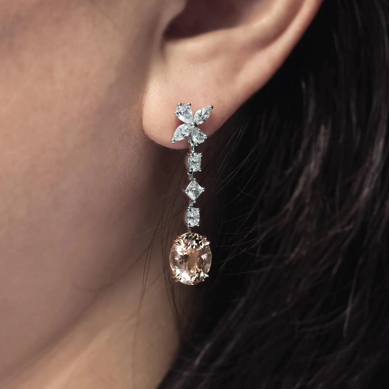 18ct white and rose gold morganite and marquise, oval, asscher and pear shaped diamonds drop earrings - Image 2