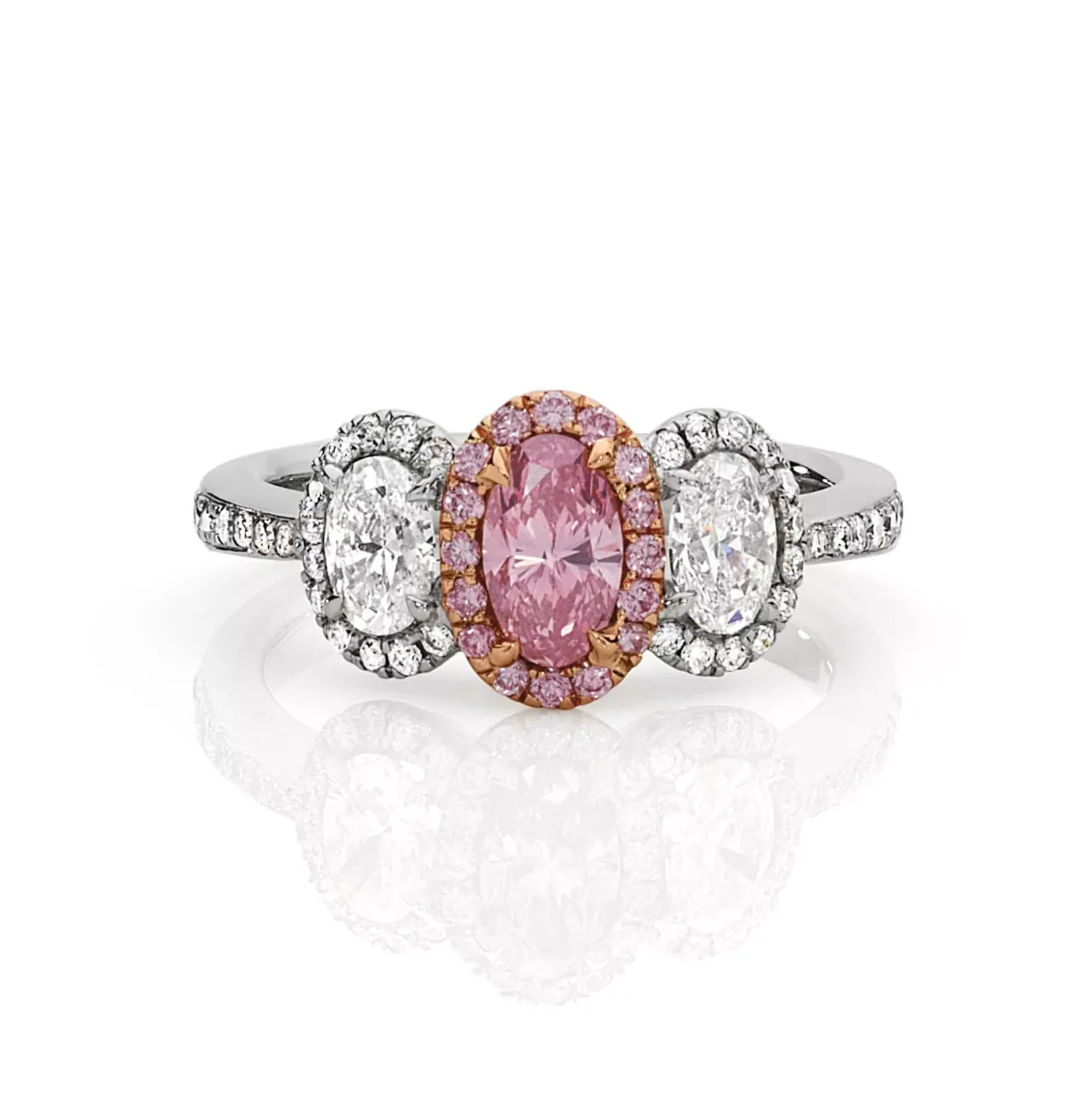 FELICITA 18ct white and rose gold oval argyle pink and white diamond trilogy engagement ring