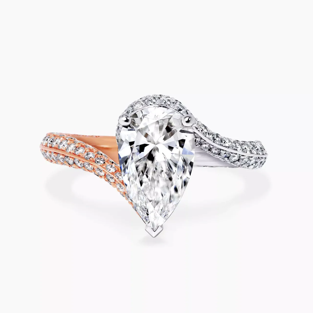 INTRECCIO 18ct white and rose gold pear and round brilliant cut diamond knife edge engagement ring