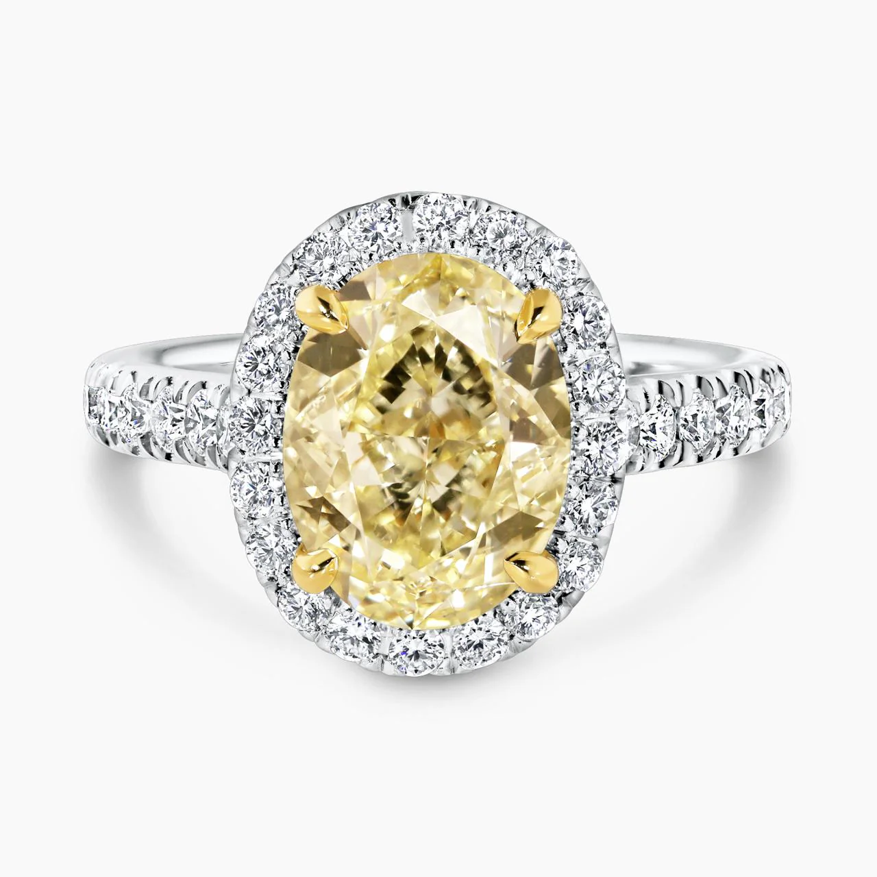GRAZIA 18ct white and yellow gold 3.50ct fancy yellow oval cut and white diamond halo engagement ring