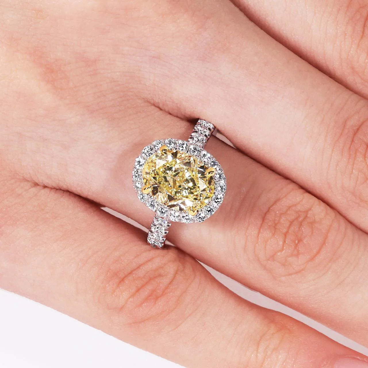 GRAZIA 18ct white and yellow gold 3.50ct fancy yellow oval cut and white diamond halo engagement ring - Image 2