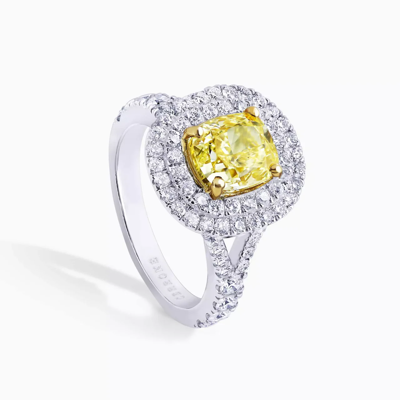 CUORE GIALLO 18ct white and yellow gold 2.00ct Fancy Intense Yellow cushion and round brilliant cut pave set split band diamond ring - Image 2