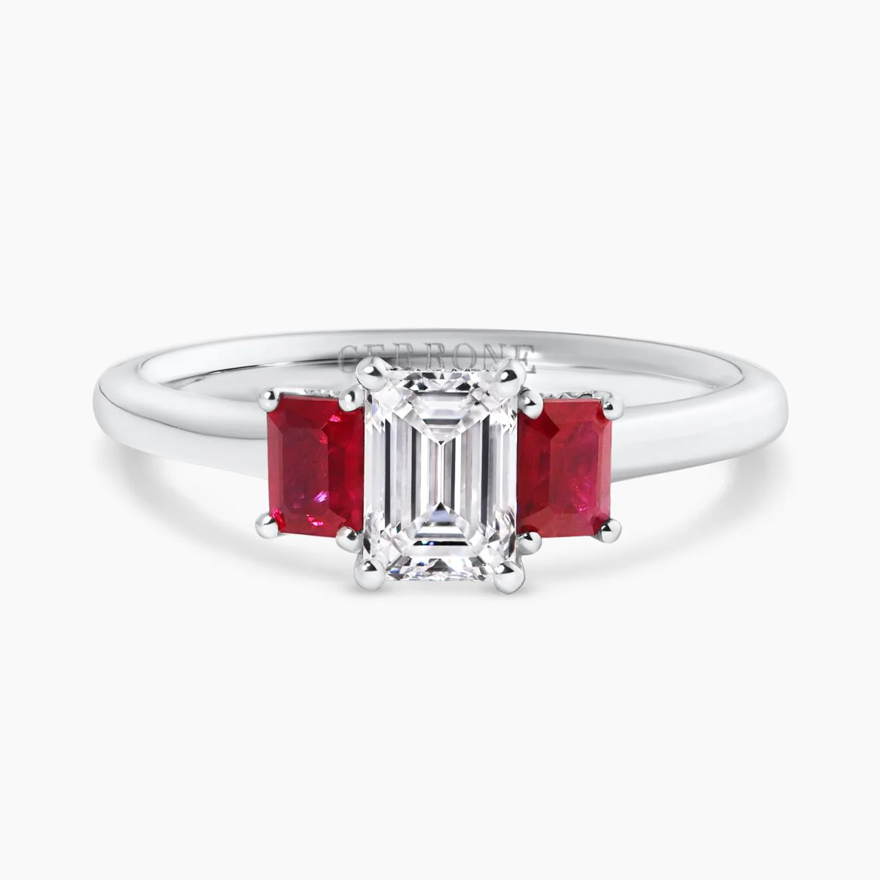 18ct white gold  0.80ct emerald cut diamond and emerald cut ruby ring