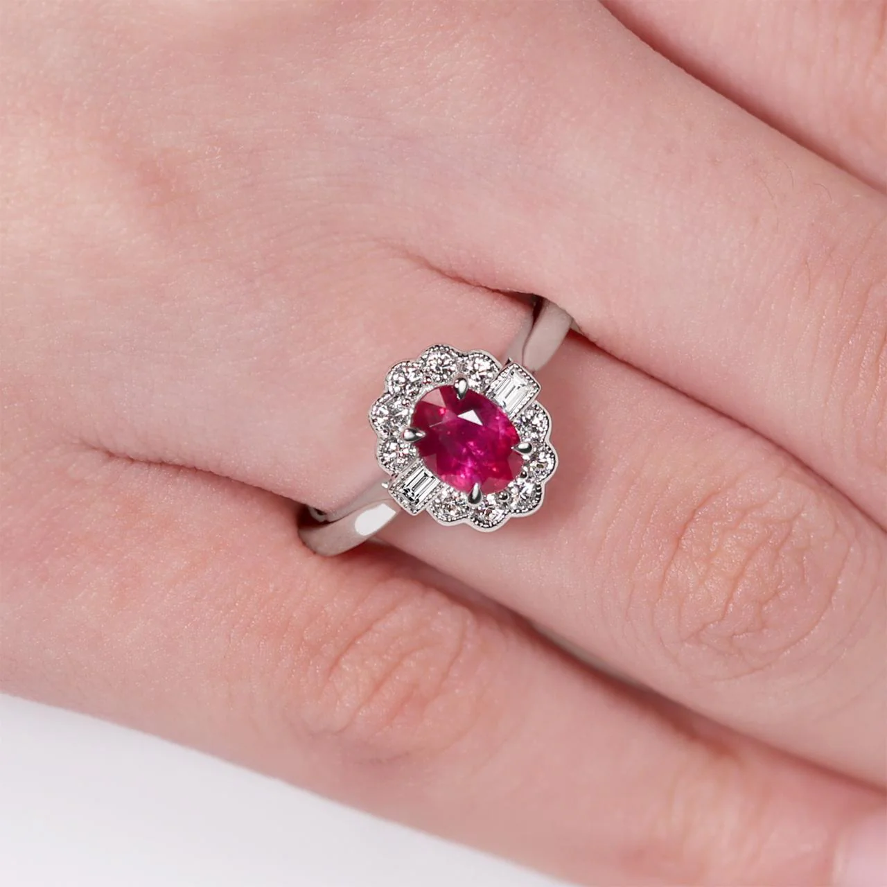 18ct white gold 0.97ct oval mozambique pigeon blood red ruby & diamond ring - Image 2