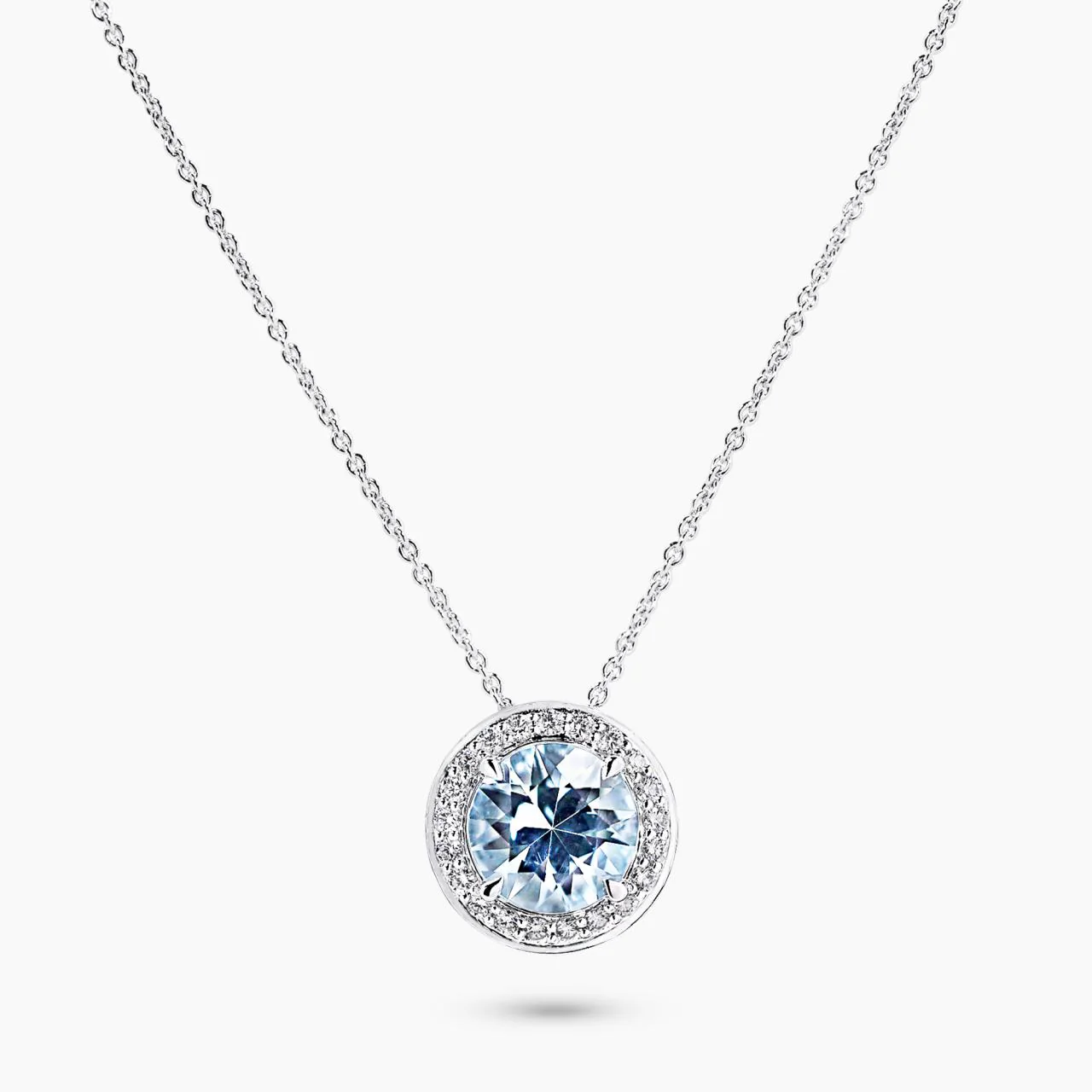 18ct white gold 1.40ct round Santa Maria aquamarine and diamond claw set necklace