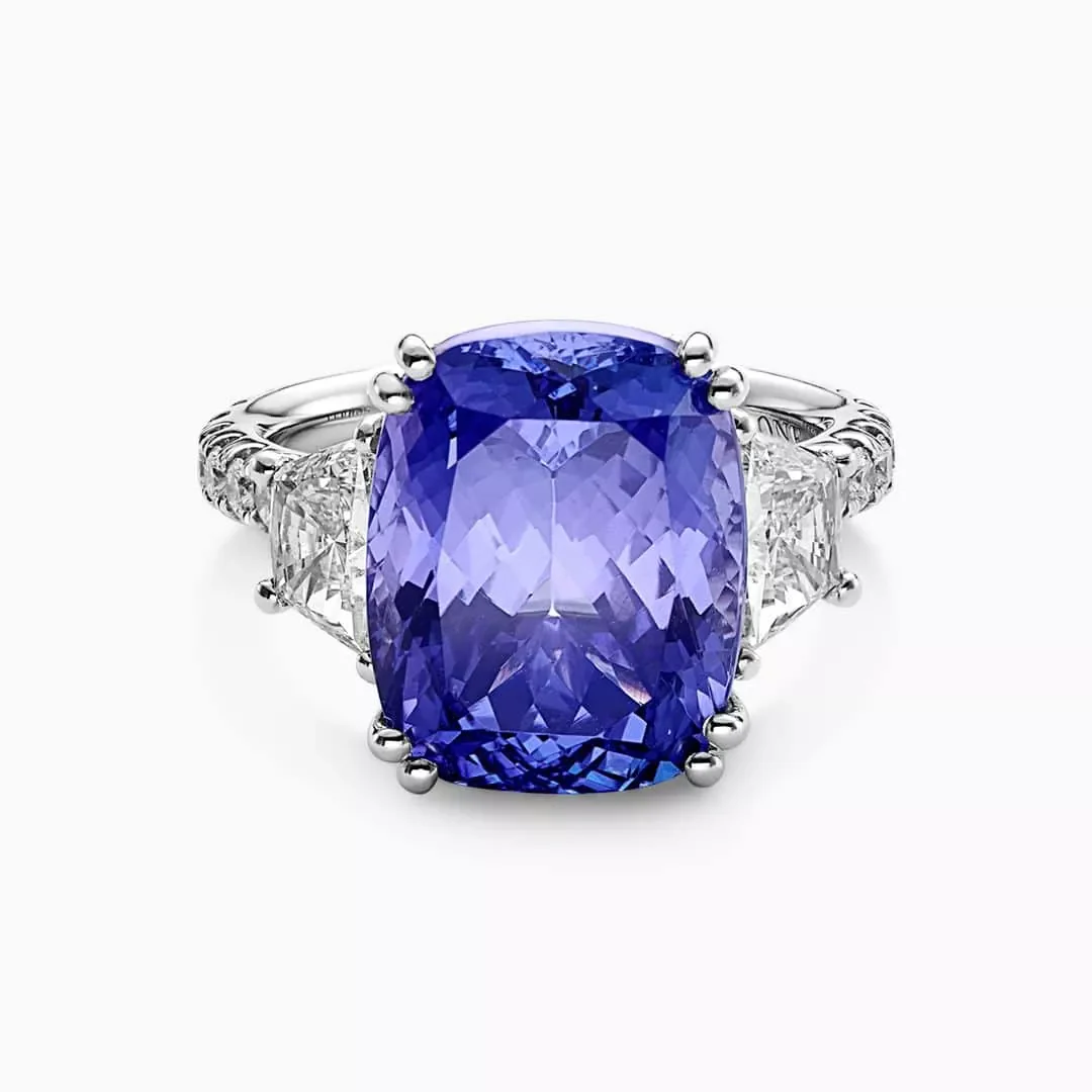 18ct white gold 10.47ct cushion cut tanzanite and trapezoid diamond ring