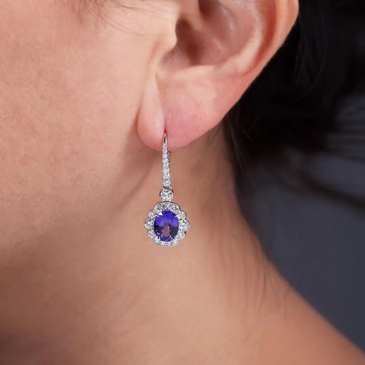 18ct white gold 2=3.76ct oval shape tanzanite and diamond drop earrings - Image 2