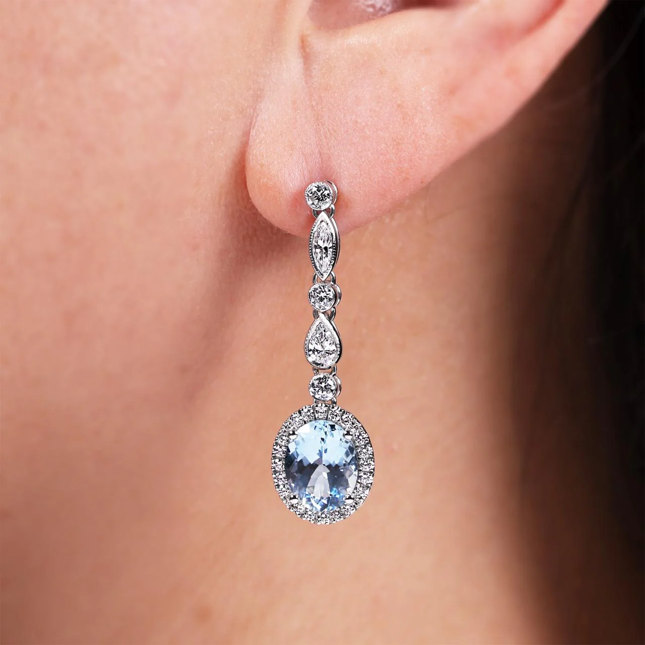 18ct white gold 2=4.30ct oval cut aquamarines and diamond drop earrings - Image 2