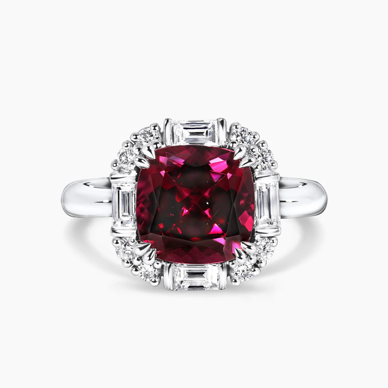 18ct white gold 4.00ct cushion cut Tanzanian rhodolite garnet & diamond ring from the Hampton Collection
