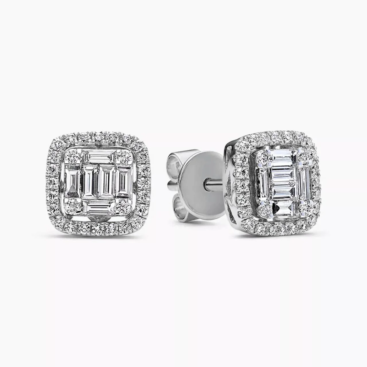 18ct white gold 68=0.49ct baguette & round brilliant cut diamond cluster stud earrings