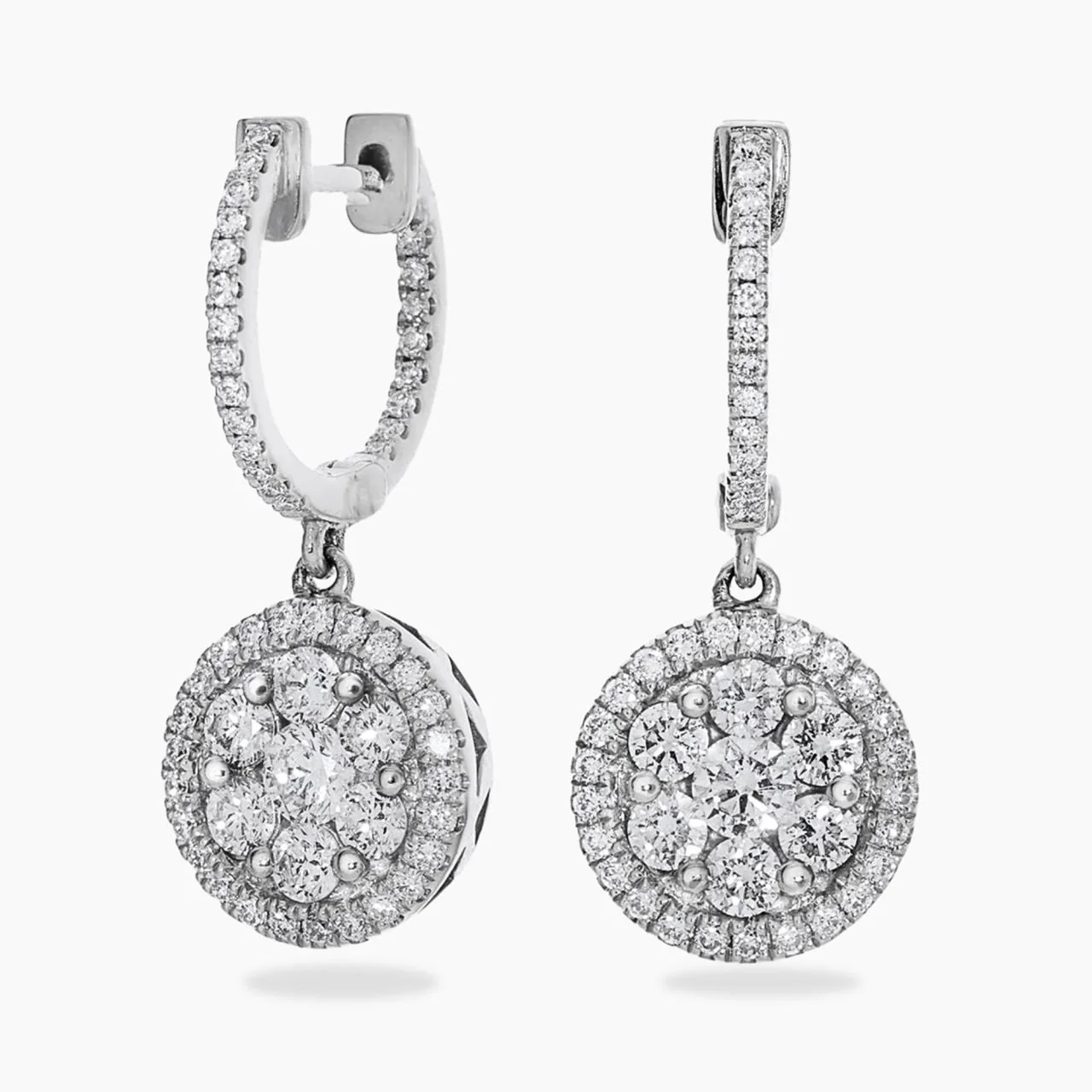 18ct white gold 92=1.25ct round brillant cut diamond cluster drop earrings