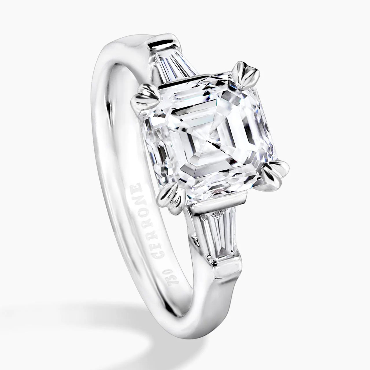 18ct white gold Asscher cut diamond engagement ring with tapered baguettes. GIA Cert