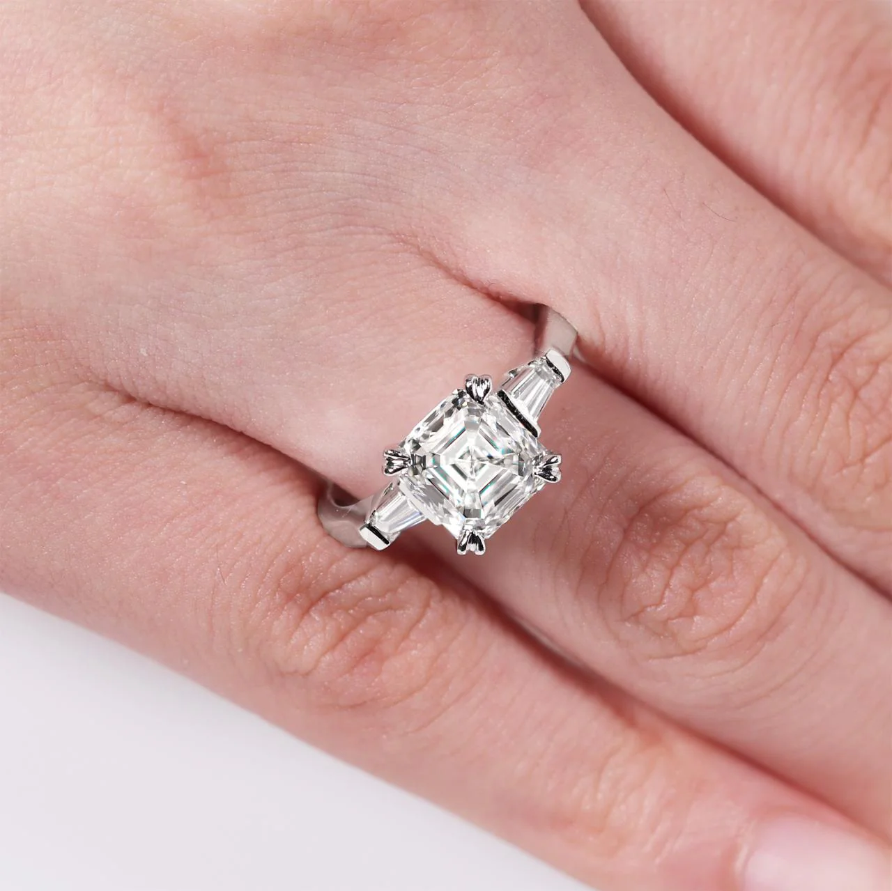 18ct white gold Asscher cut diamond engagement ring with tapered baguettes. GIA Cert - Image 2