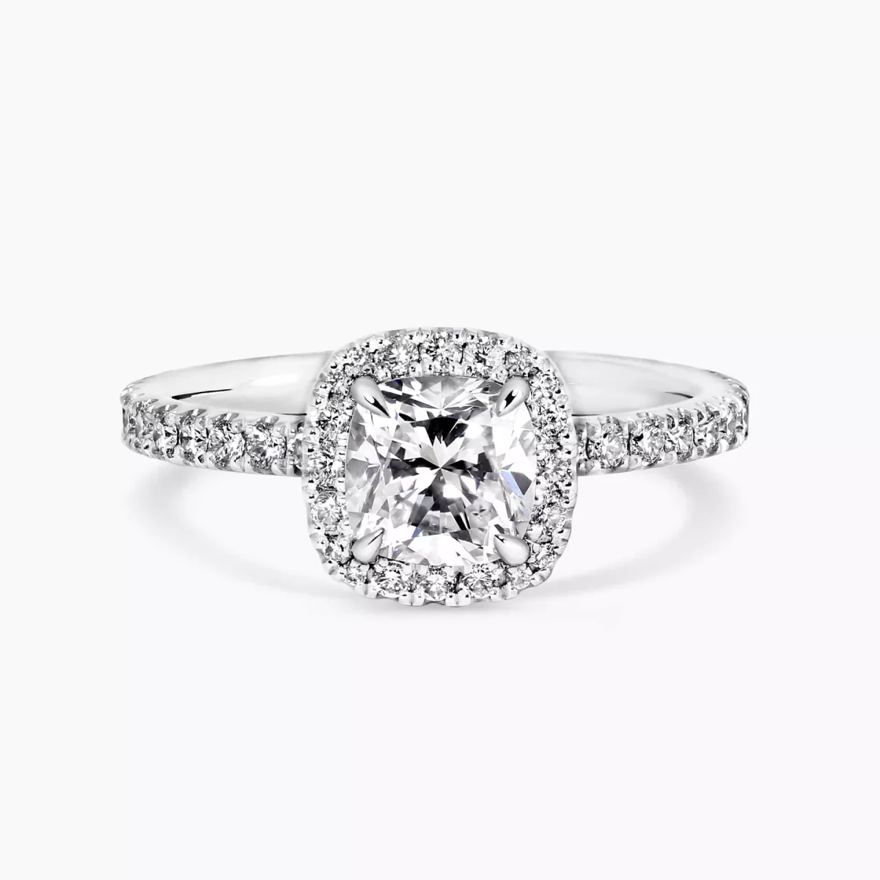 18ct white gold cushion and round brilliant cut diamond halo engagement ring