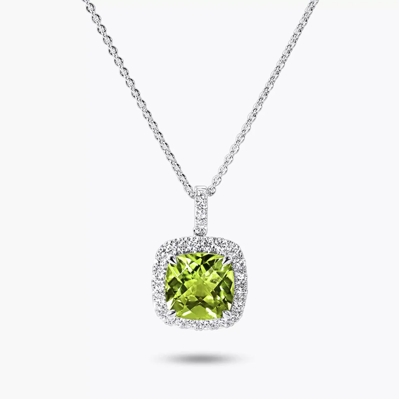 18ct white gold cushion cut peridot and diamond halo necklace