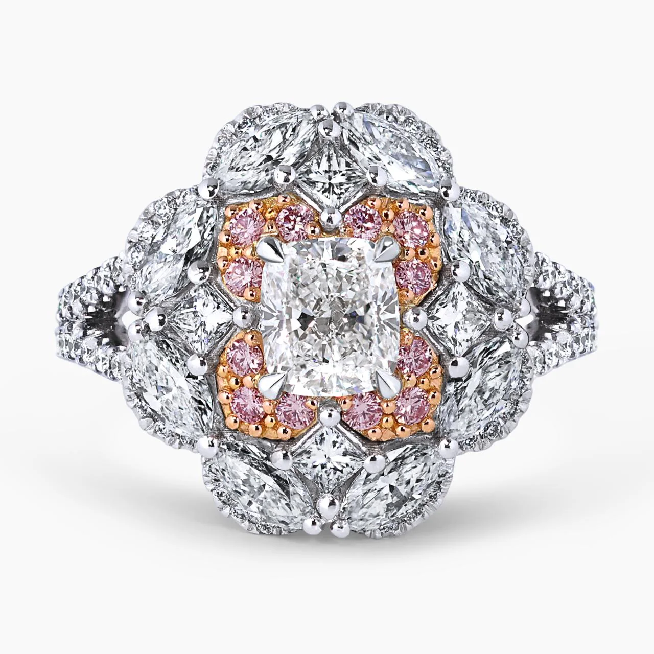FIORELLA 18ct white gold cushion, marquise and princess cut diamond engagement ring with round Argyle Pink diamonds