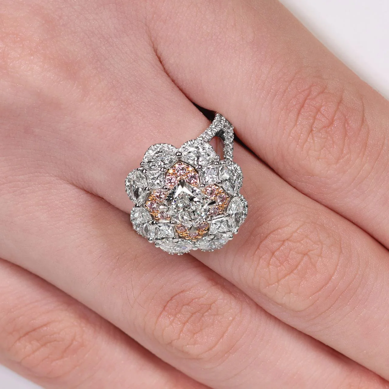 FIORELLA 18ct white gold cushion, marquise and princess cut diamond engagement ring with round Argyle Pink diamonds - Image 2