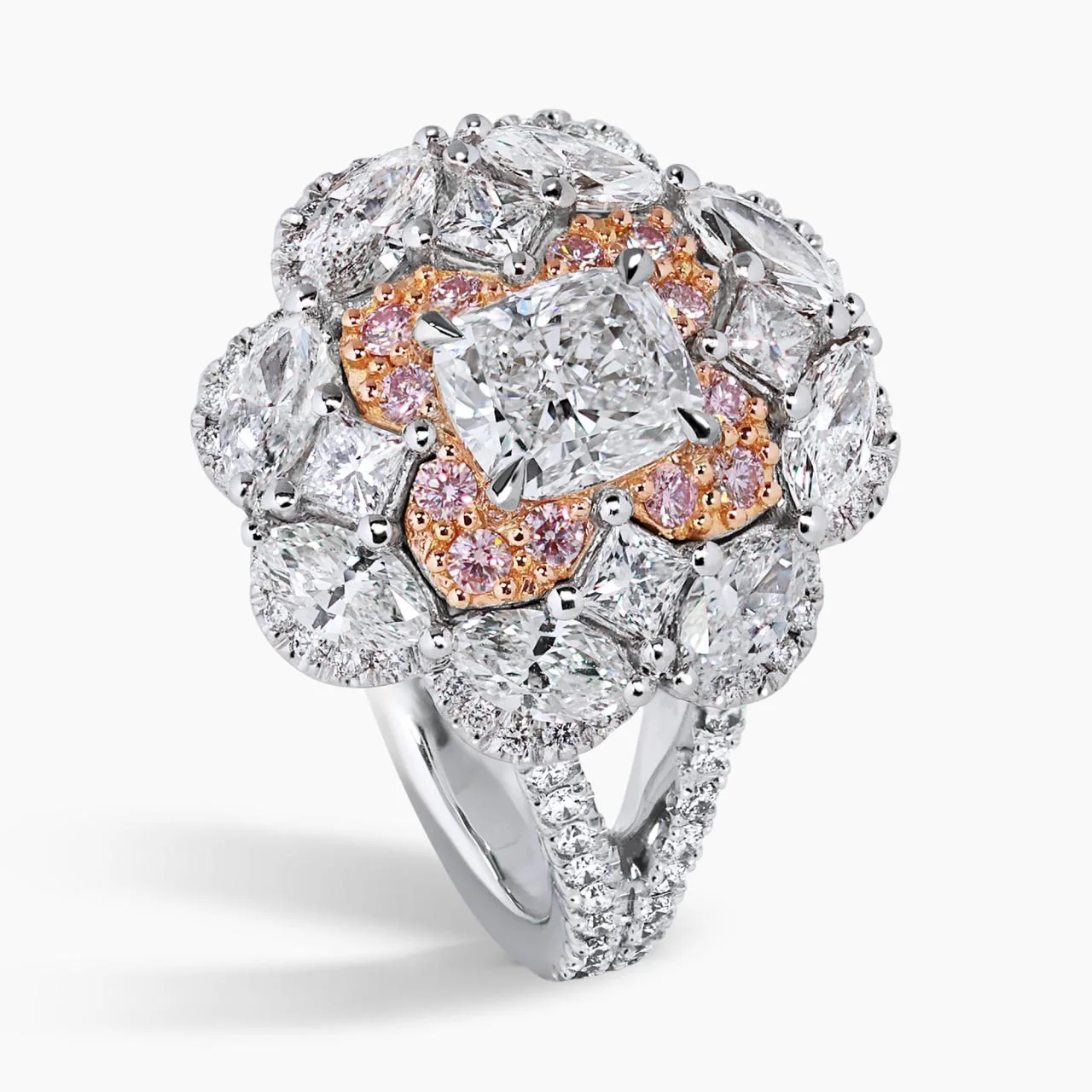 FIORELLA 18ct white gold cushion, marquise and princess cut diamond engagement ring with round Argyle Pink diamonds - Image 3