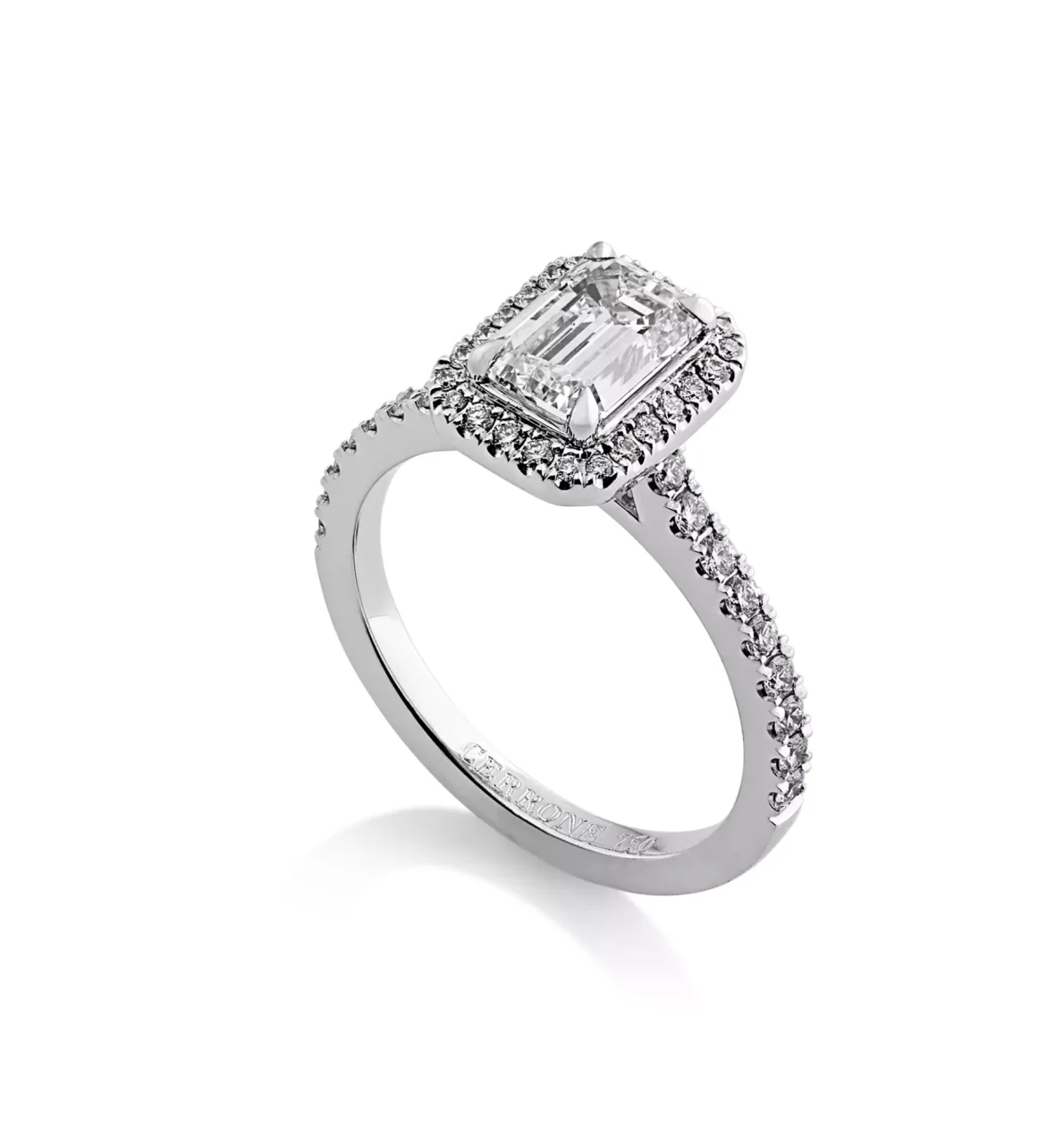 VERNAZZA UPSWEPT 18ct white gold emerald and round brilliant cut diamond halo engagement ring - Image 2