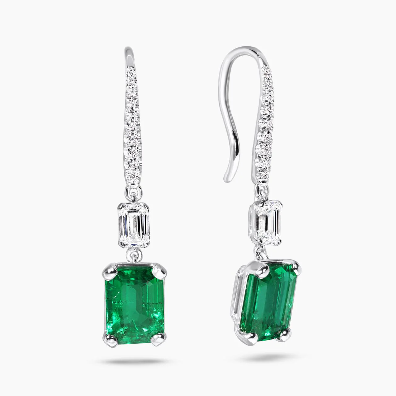 18ct white gold emerald and round brilliant, emerald cut diamond drop hook earrings