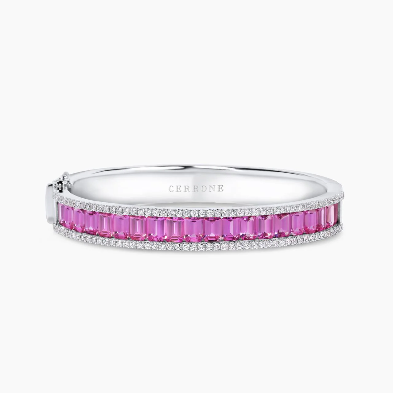 18ct white gold 20=12.49ct emerald cut pink sapphire and 102=1.29ct diamond hinged bangle
