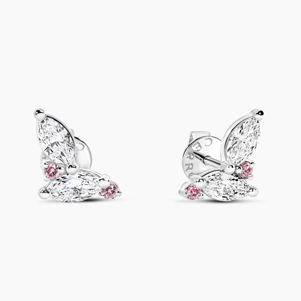 18ct white gold marquise diamond stud earrings with round brilliant cut argyle pink diamonds