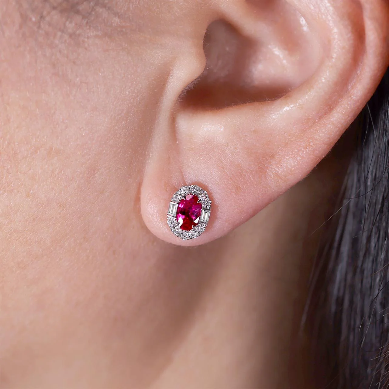 18ct white gold oval Mozambique rubies pigeon blood red & diamond stud earrings - Image 2