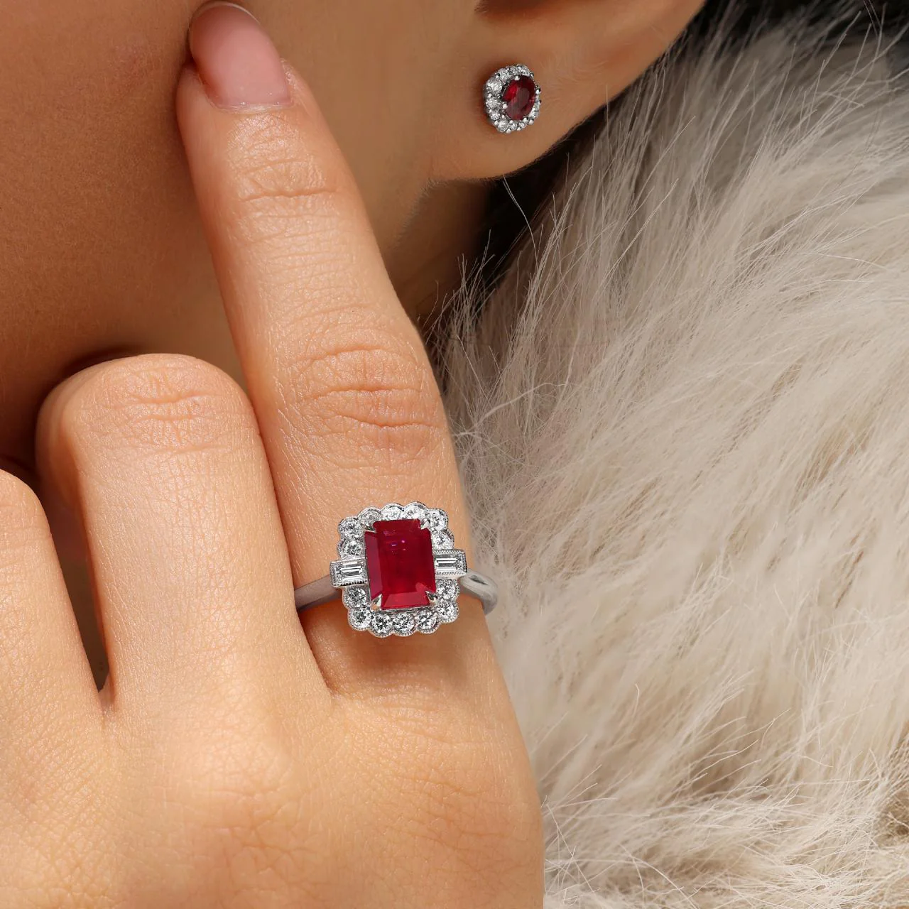 18ct white gold oval ruby & diamond stud earrings - Image 2