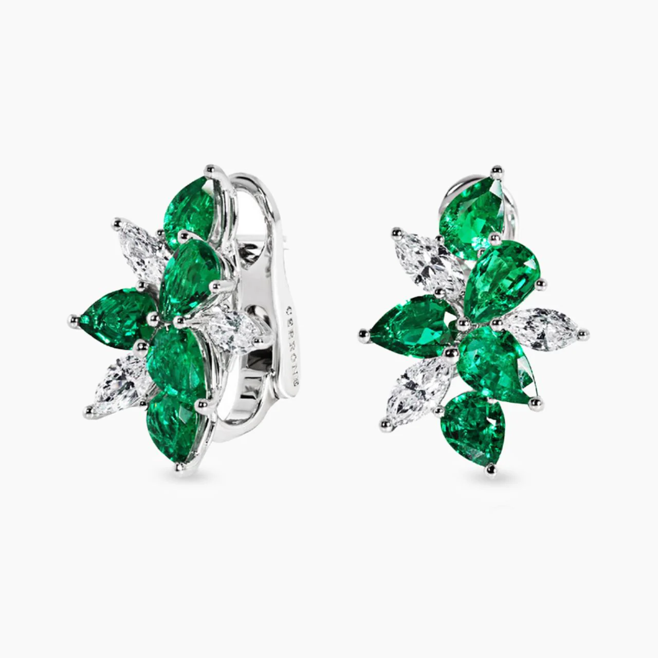 18ct white gold pear shape emerald and marquise diamond earrings