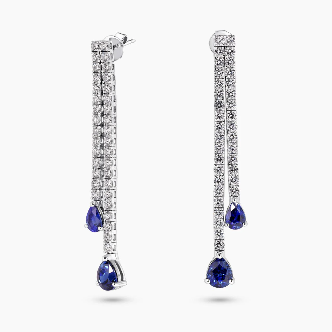 18ct white gold pear shaped blue Madagascan sapphires and diamond drop earrings