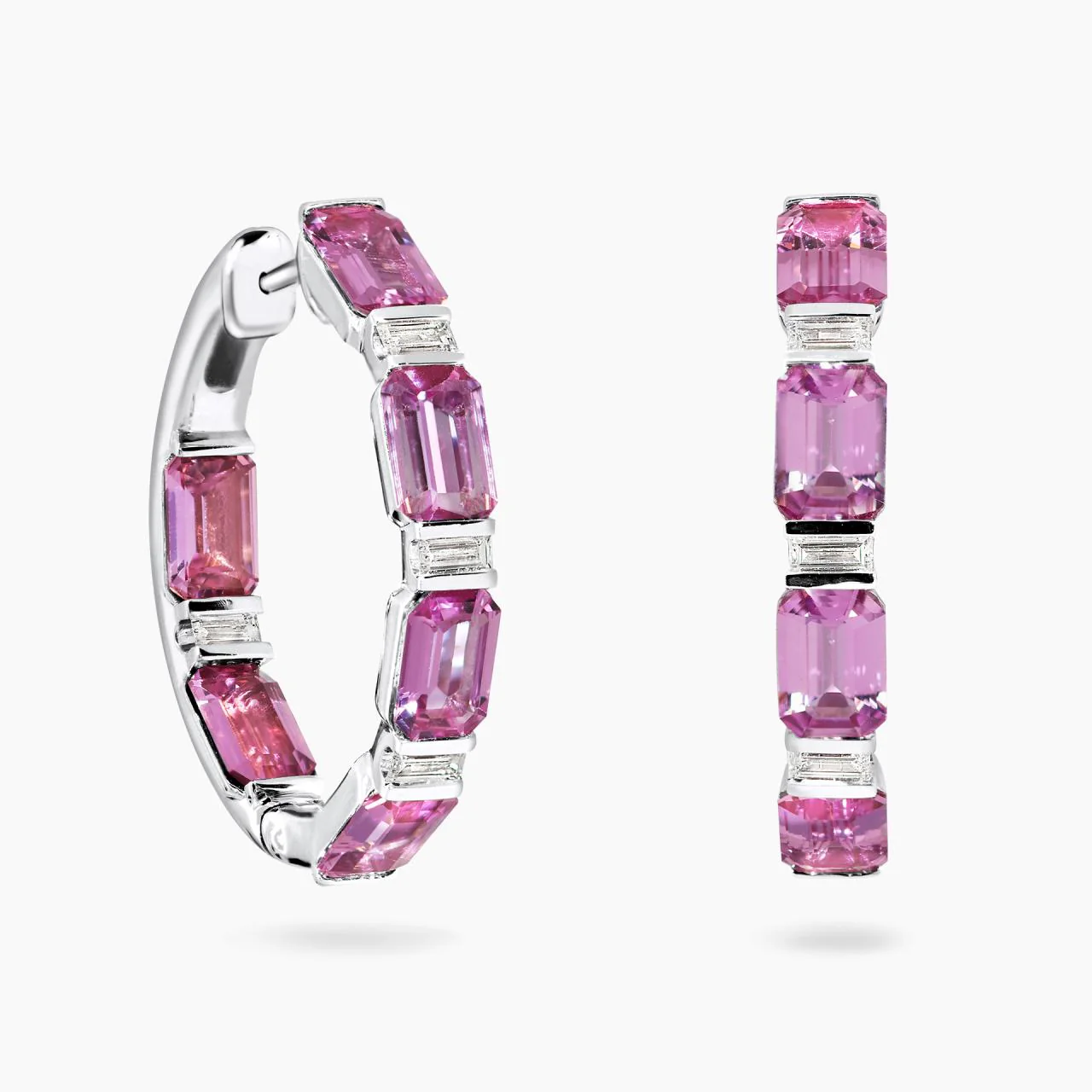 18ct white gold pink sapphire and baguette cut diamonds hoop earrings