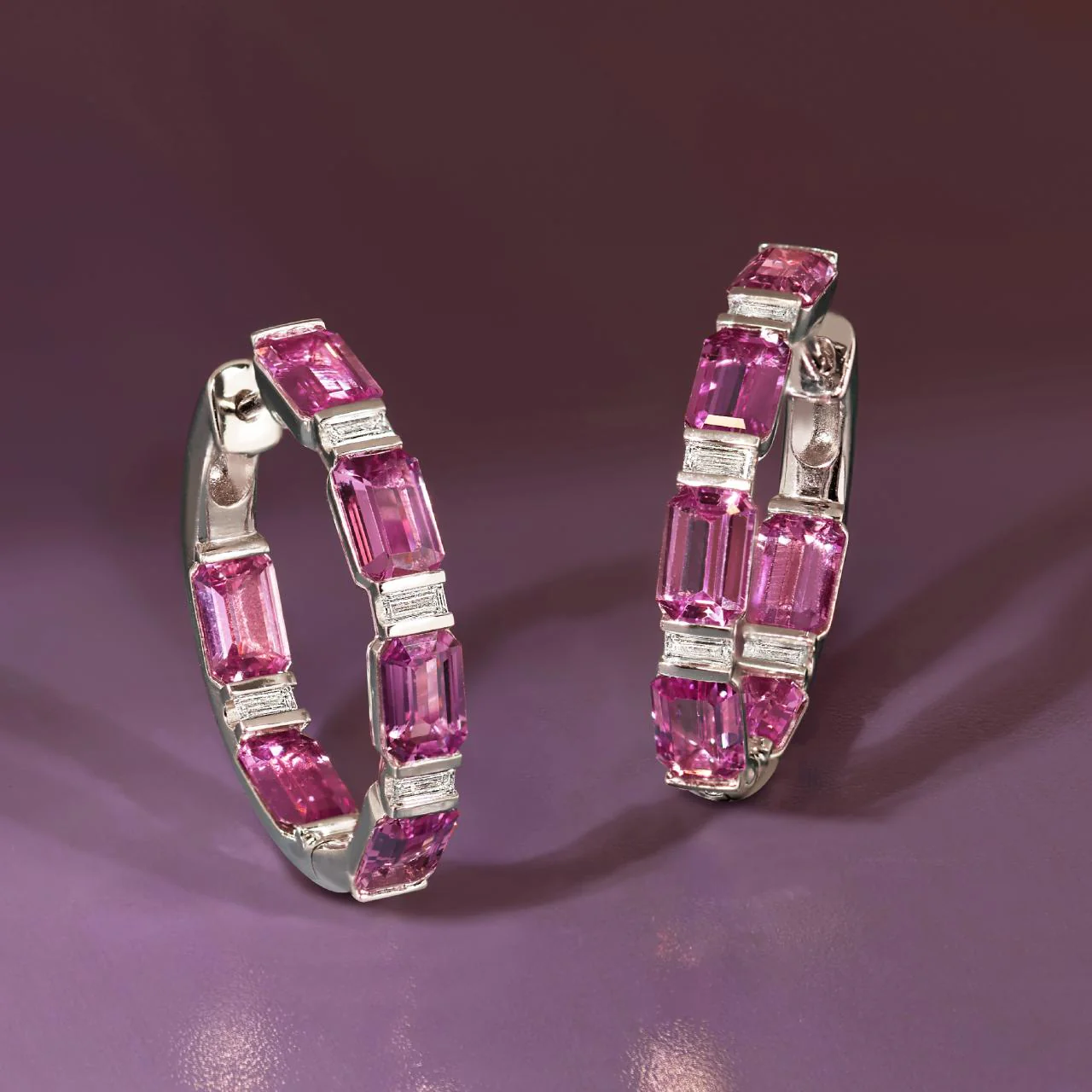 18ct white gold pink sapphire and baguette cut diamonds hoop earrings - Image 3