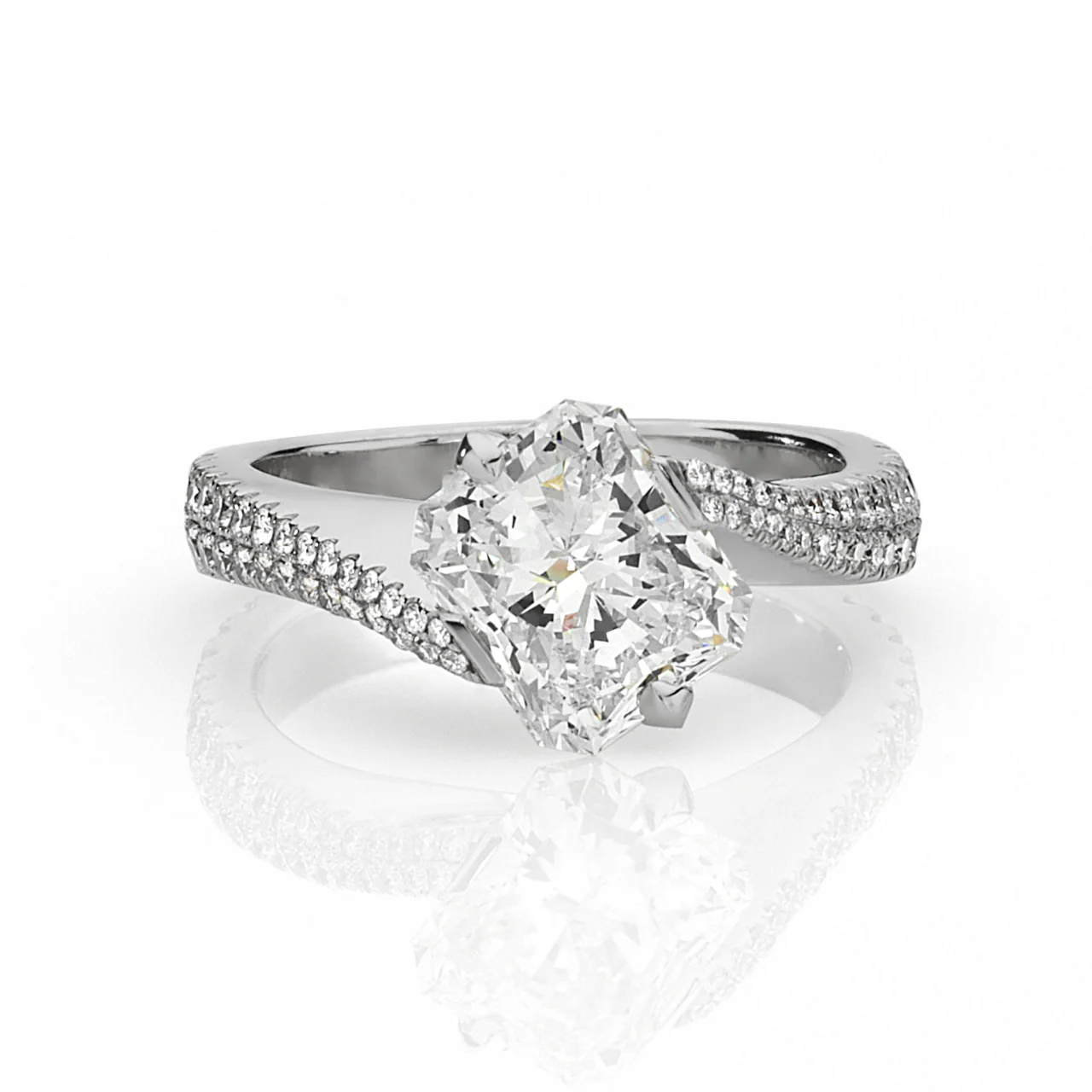 18ct white gold radiant and round brilliant cut diamond engagement ring